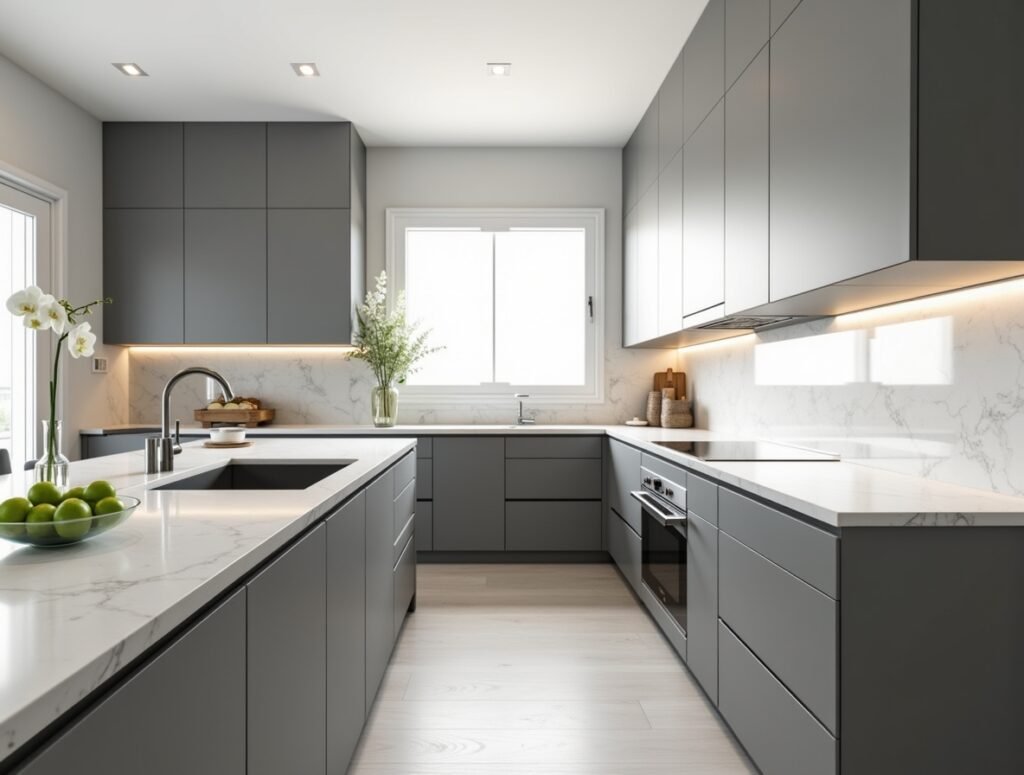 Modern Grey Cabinets Grey and white Kitchen decor idea pic