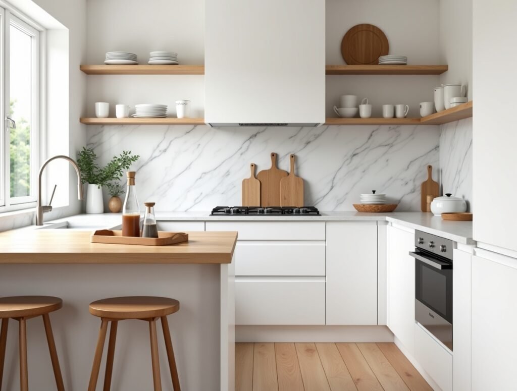 Natural Wood Accents White Kitchen Decor Pic