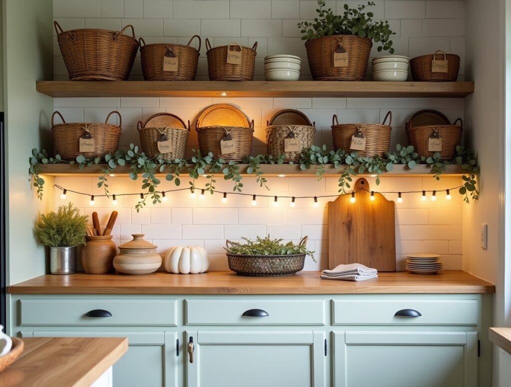 Rustic Charm with Baskets Kitchen decor top cabinets Pic