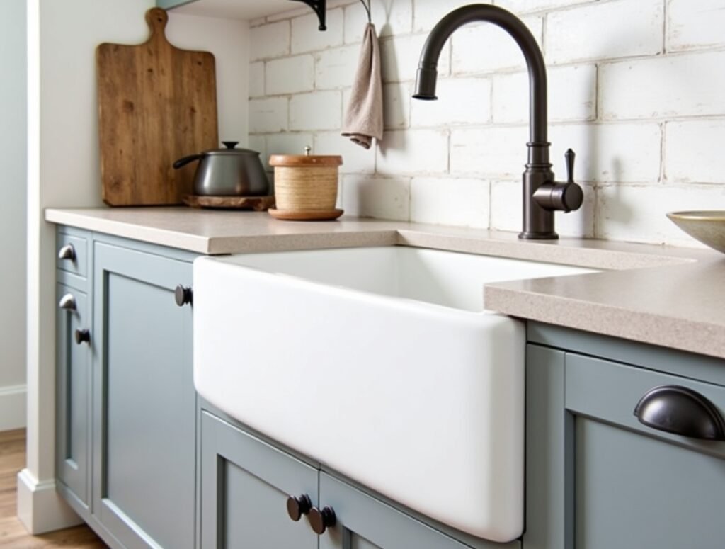 White Farmhouse Sink Grey and white Kitchen decor idea pic