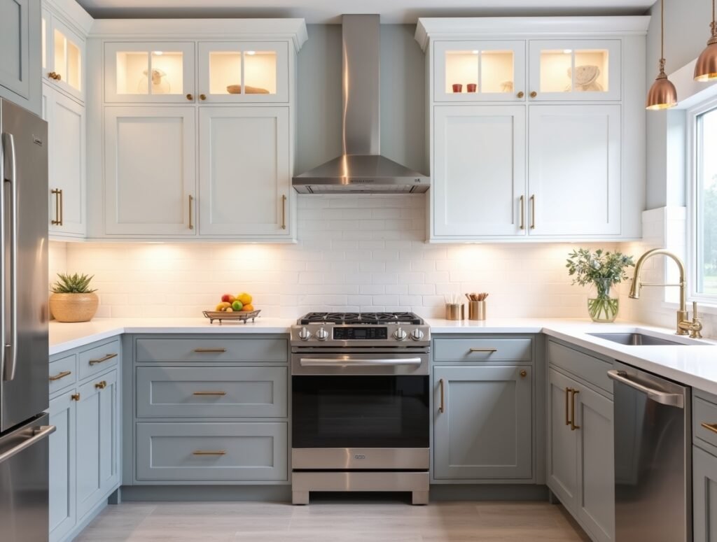 Grey and White Kitchen with Metallic Accent Grey and white Kitchen decor idea pic
