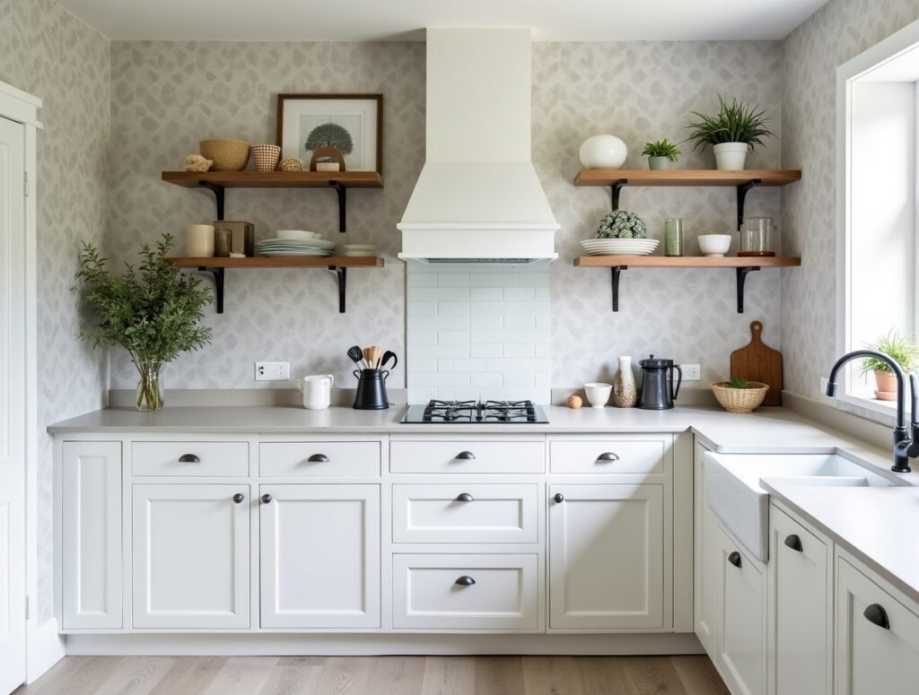 Grey Patterned Wallpaper Grey and white Kitchen decor idea pic