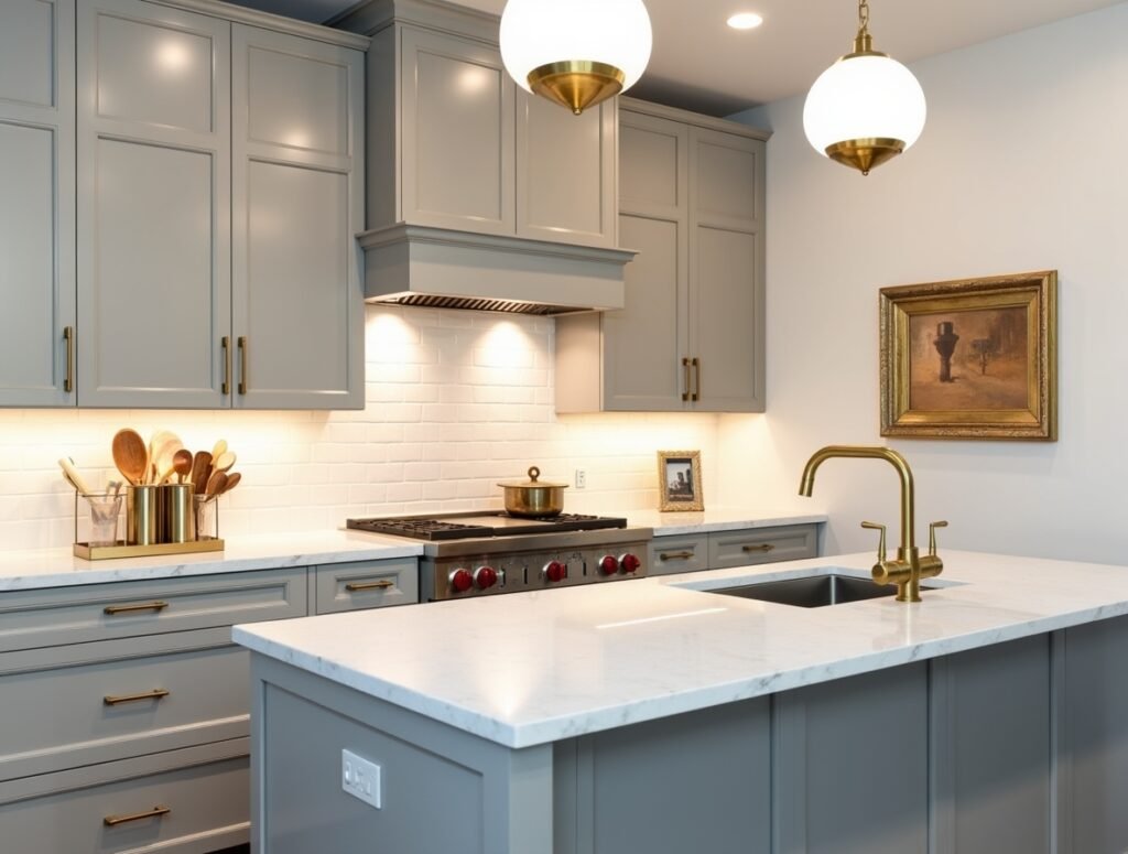 Brass Hardware and Fixtures Grey Kitchen decor pic