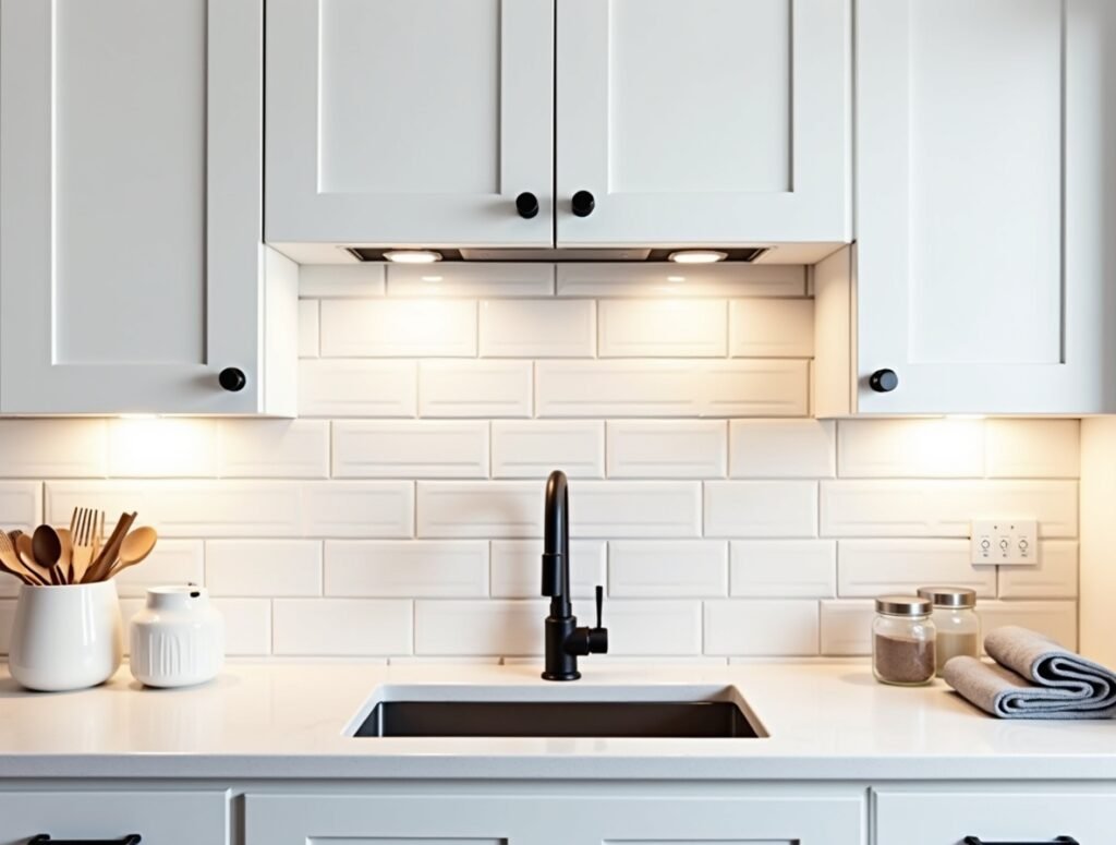 White Subway Tile Grey and white Kitchen decor idea pic