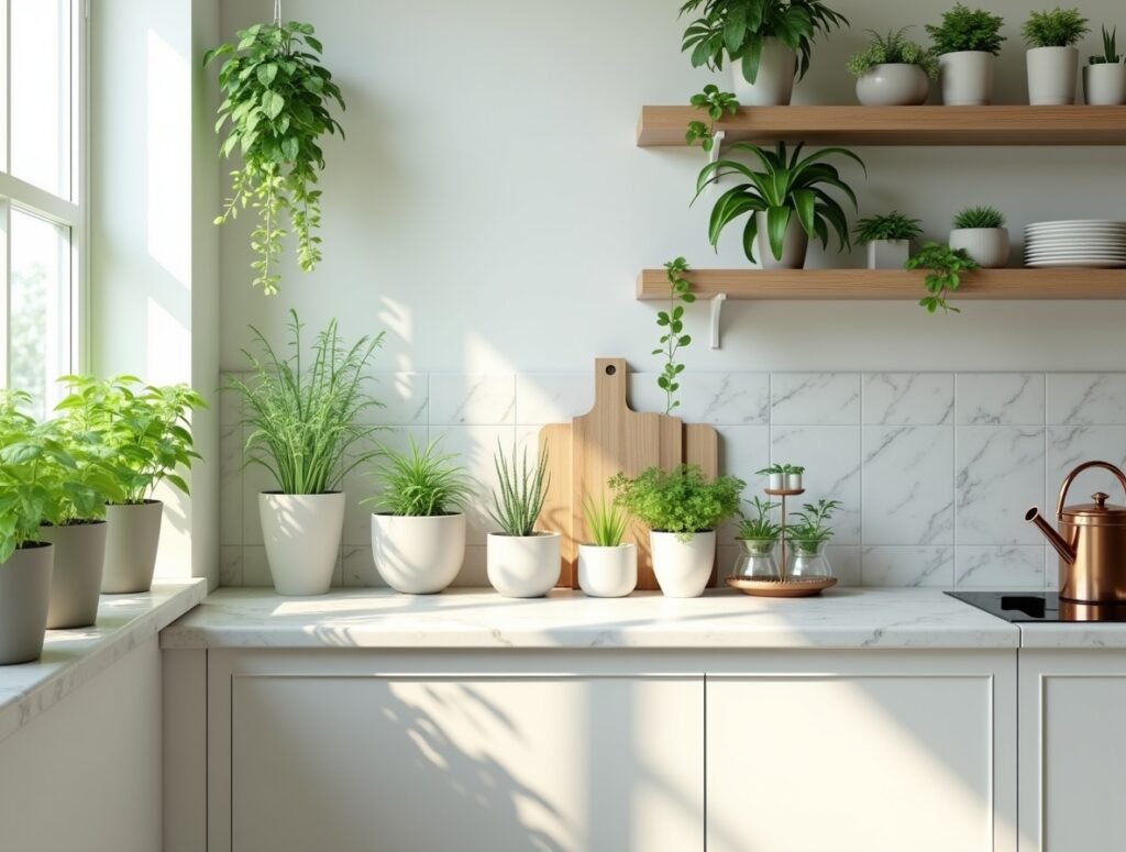 Greenery and Indoor Herbs White kitchen decor ideas pic