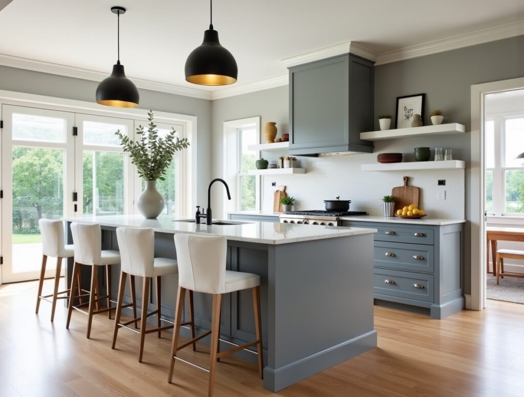 Grey Island with White Bar Stools Grey and white Kitchen decor idea pic
