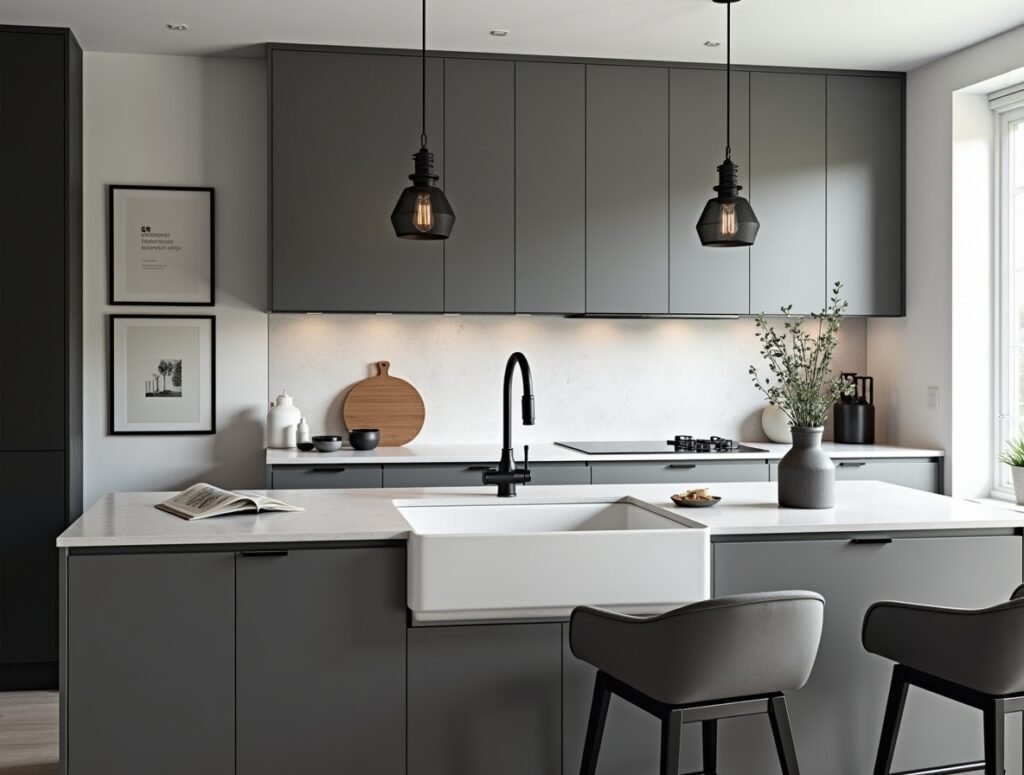 Matte Black Accents Grey Kitchen Decor Pic