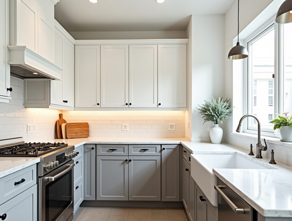 Two-Tone Grey and White Cabinets Grey and white Kitchen decor idea pic