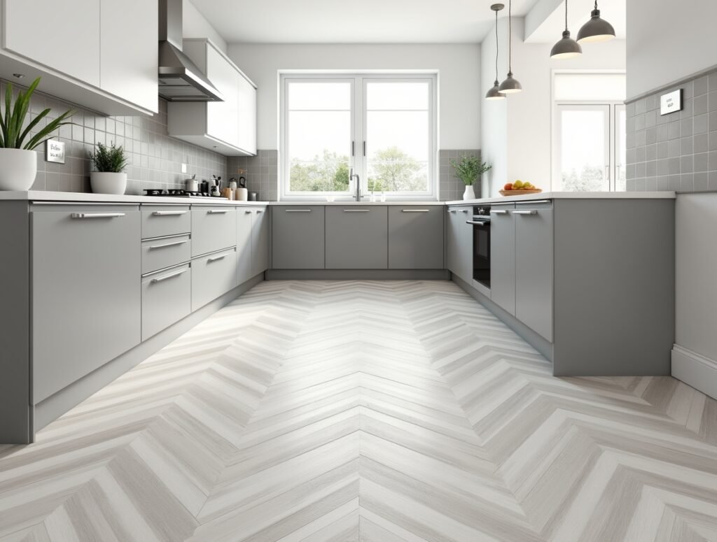 Grey and White Chevron Flooring Grey and white Kitchen decor idea pic