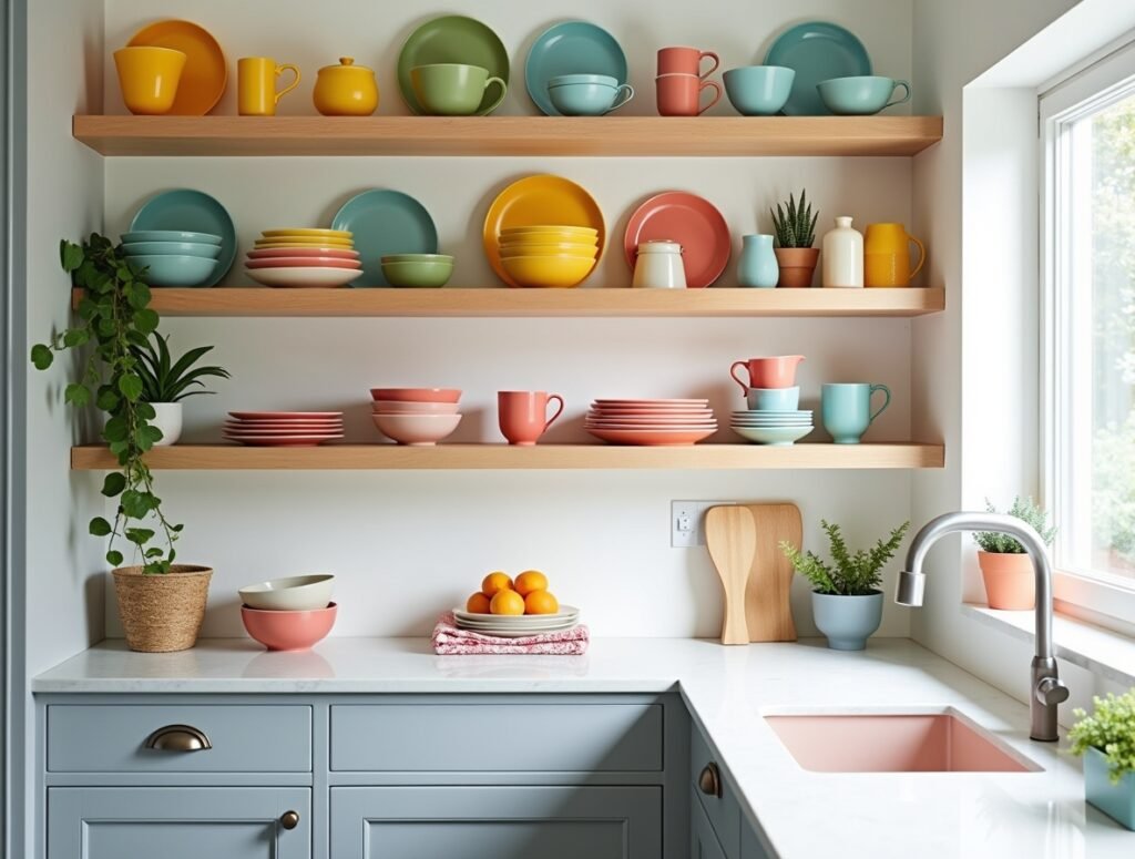 Open Shelving with Colorful Dishes grey kitchen decor pic