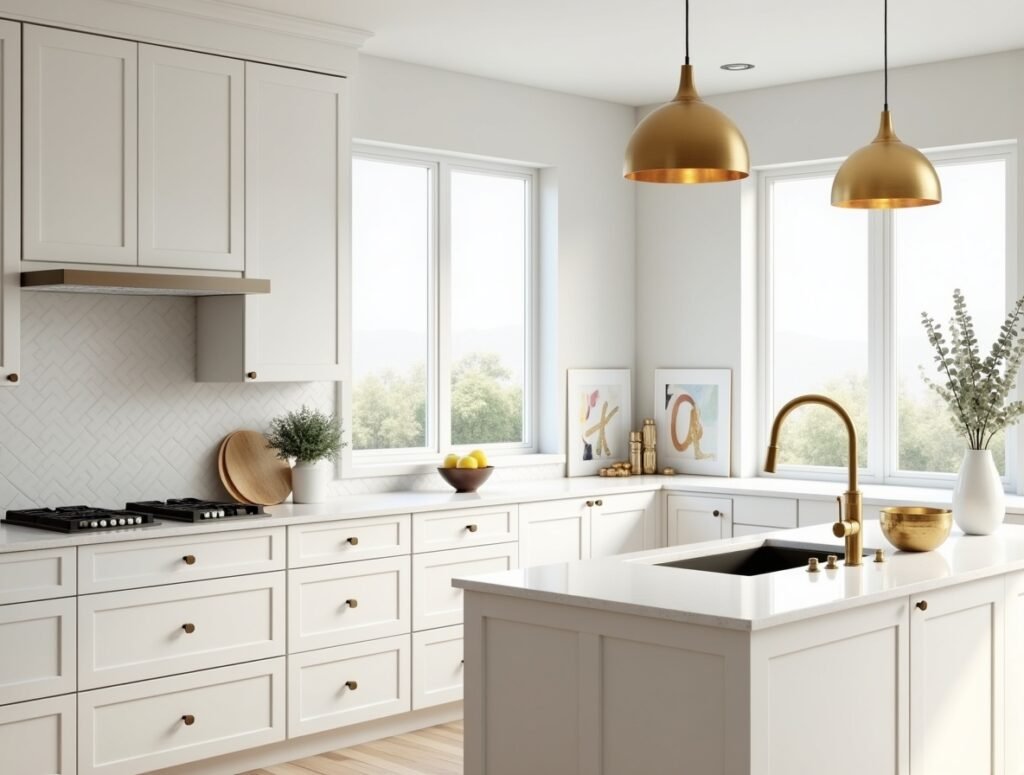 Gold and Brass Fixtures White kitchen Decor Ideas Pic