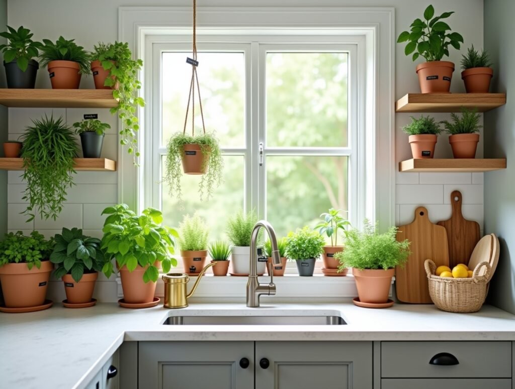 Greenery and Indoor Herbs grey kitchen decor pic