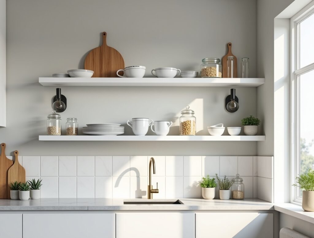 White Open Shelves on Grey Walls Kitchen decor idea pic