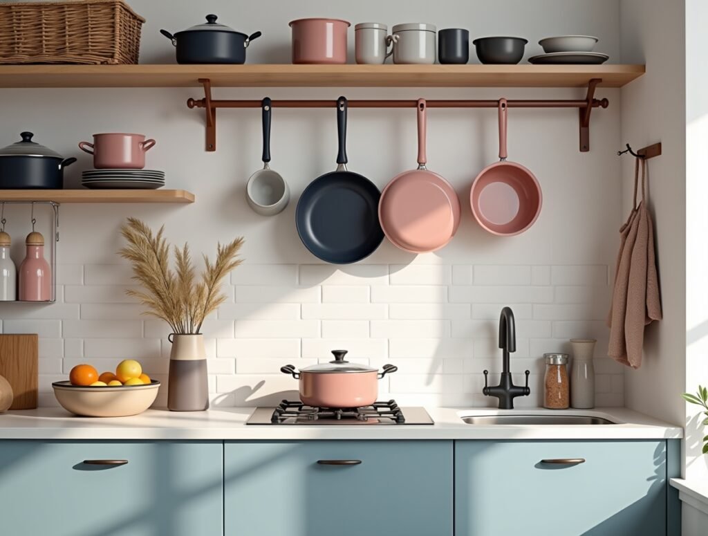 Color-Coordinated Cookware kitchen decor for couple pic