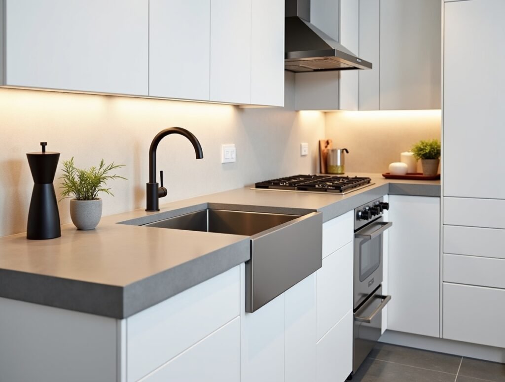 Grey Concrete Countertops Grey and white Kitchen decor idea pic
