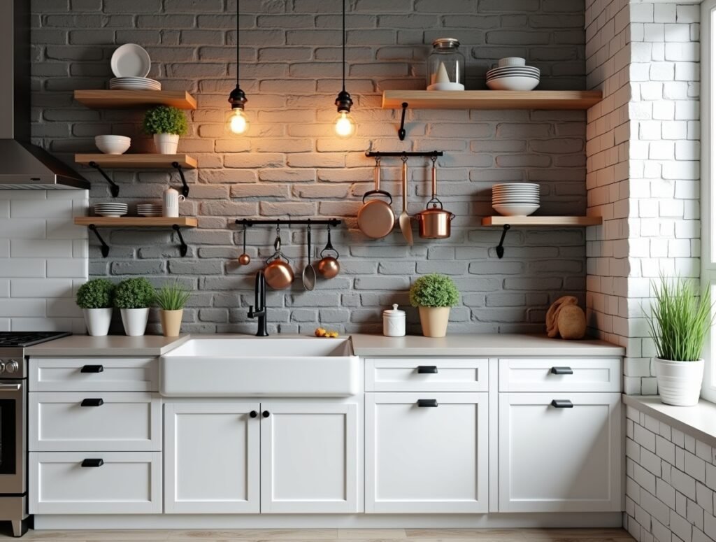 Grey Brick Accent Wall Grey and white Kitchen decor idea pic
