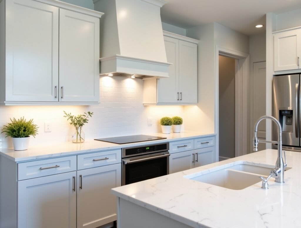 White Quartz Countertops Grey and white Kitchen decor idea pic