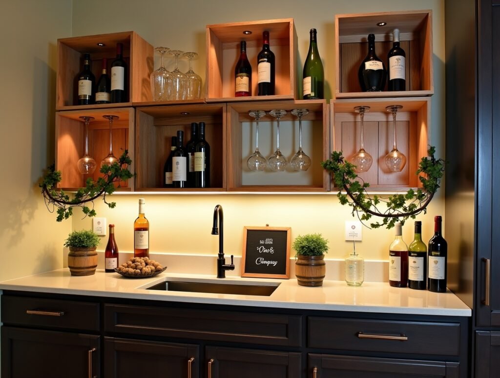 Wine Bottles and Glasses Kitchen cabinet decor pic